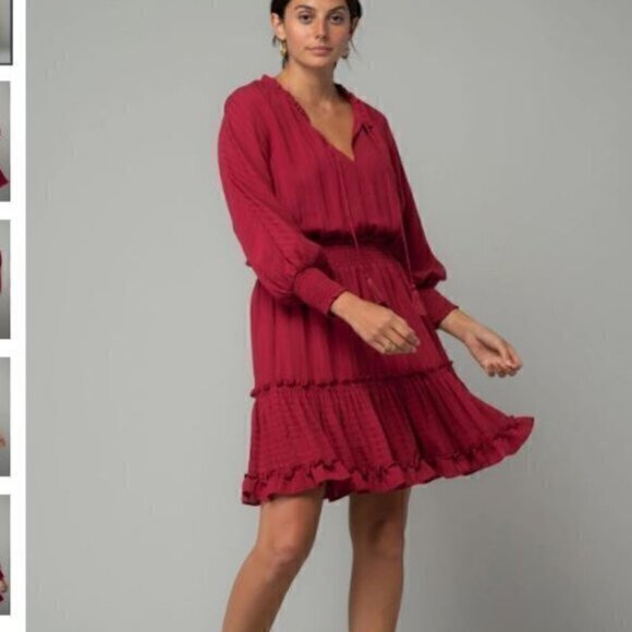 Sucrefas Womens Tiered Dress Red Ruffles Keyhole Neck Tie Long Sleeve S - Picture 1 of 10